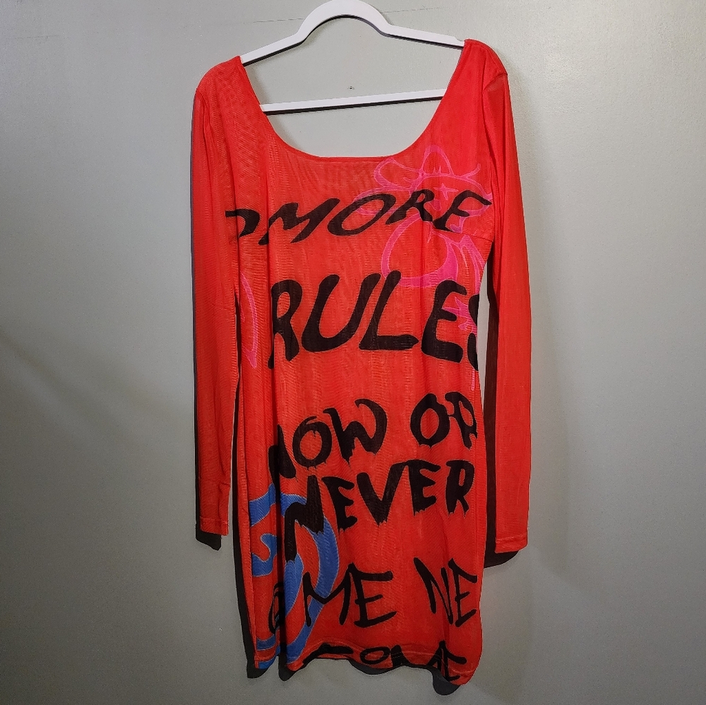Fashion Nova Coral Graphic Long Sleeve Mesh Bodycon Mini Dress, 3X NWT
